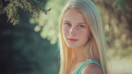 Naklejka premium Blonde woman with long hair is standing in front of a tree