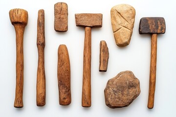 A museum display featuring replicas of tools used by Neanderthals and other early human species