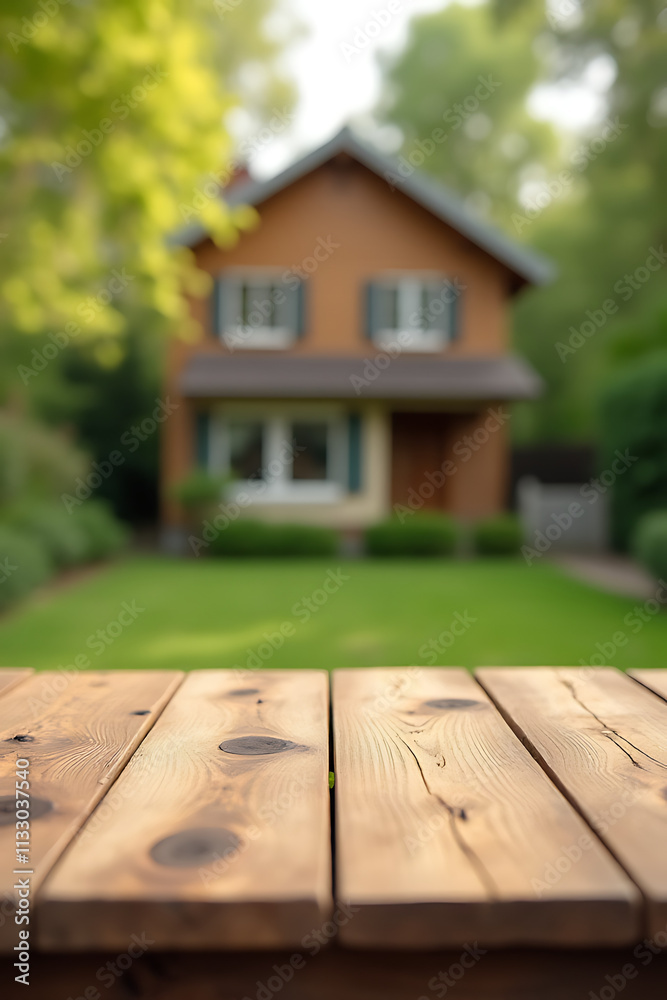 Poster an empty wooden table top in a blurred abstract garden scene behind a cozy house is partially select