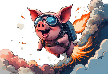 A Funny And Playful Pig Flying With Jetpack,Sunglass And Outfit ,Smokes And Fire On His back say Faster Flying.