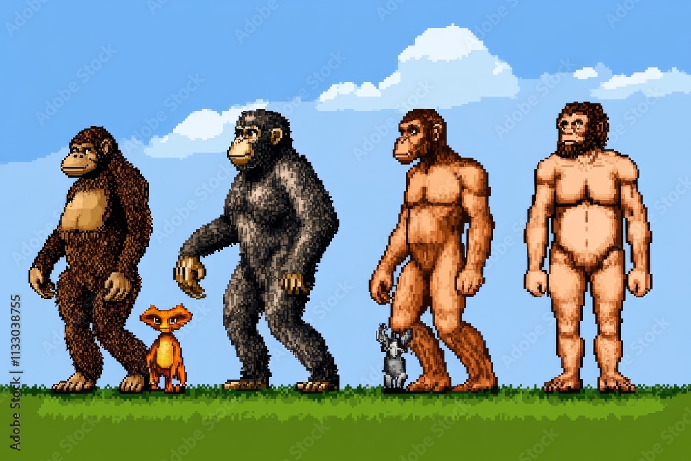 Poster A pixel art timeline of evolution, with small animated creatures transitioning into humans in a retro video game style