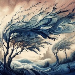 Windswept Willows Flowing brushstrokes depict graceful willow tr