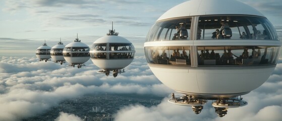 Futuristic pod-like drones float above a cityscape, blending seamlessly with the morning clouds, symbolizing innovation and advanced technology.