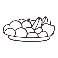 A simple line art illustration of a fruit platter. The platter is filled with various fruits, including apples, oranges, bananas, and pears.