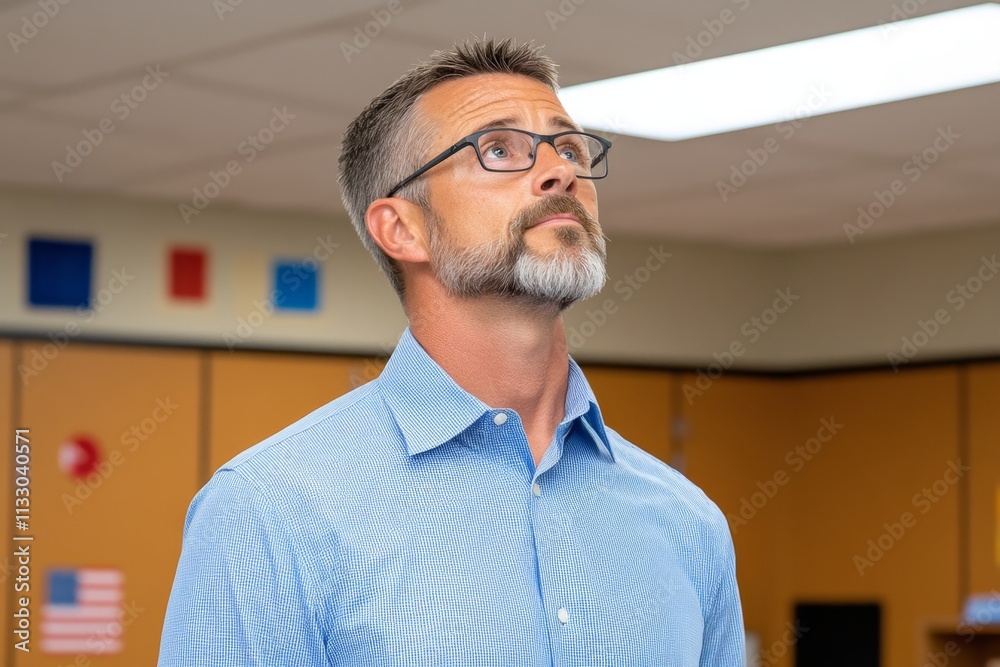 Poster a school principal evaluating a teacher lesson in progress, taking notes at the back of a bright and