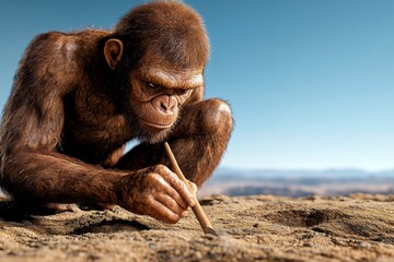 Obraz premium A scientific reconstruction of Homo habilis, shown engaging in simple tool use in a prehistoric savanna