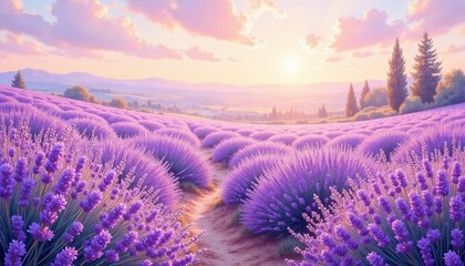 Obraz premium Blooming lavender fields, impressionist art with warm light