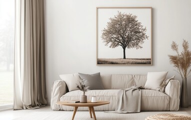 Fototapeta premium A serene living room interior with a soft beige sofa, a modern coffee table, and a wooden-framed poster of a tree, styled in natural tones and minimalistic decor for a cozy home design