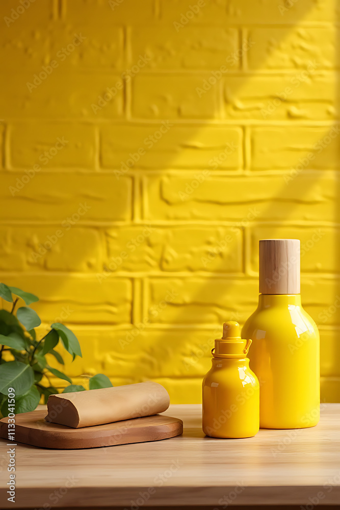 Poster a wooden table with a yellow brick wall provides an ideal background for creating product displays a