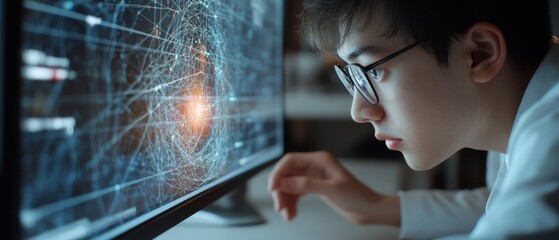 A young professional engrossed in a digital interface, focusing intently on intricate data visualizations on a large screen.