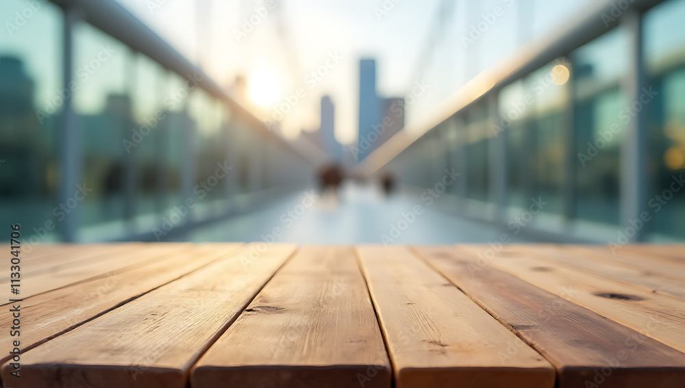 Poster a wooden table top with a blurred cityscape visible in the background creates an interesting visual 