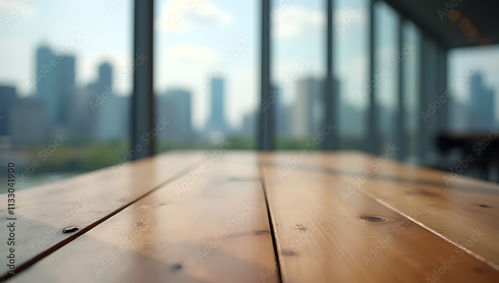 Poster a wooden table top is focused on in selective focus with a blurred cityscape and glass window in bac