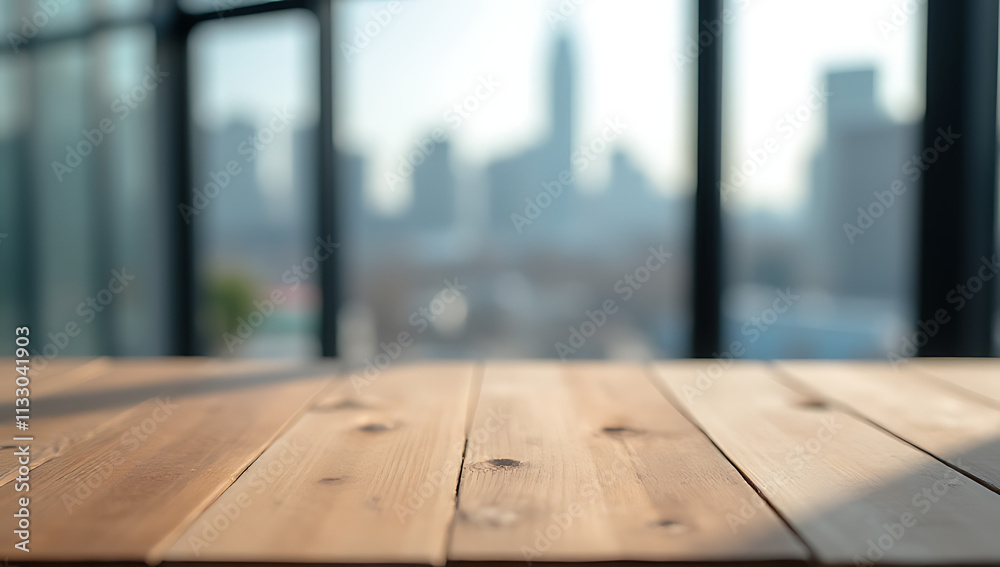 Poster a wooden table top is focused on in selective focus with a blurred cityscape and glass window in bac