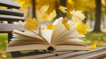 Book is open on a bench with leaves falling out of it