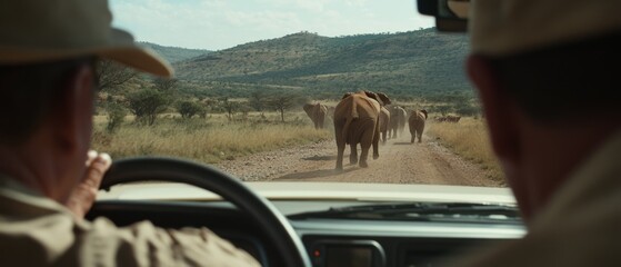 Through a car window, two figures observe a herd of elephants crossing a sunlit African landscape, embodying the essence of adventure.