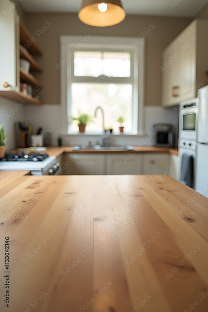 Poster A wooden table sits atop a blurred kitchen countertop with its surrounding room visible in the background._00002_