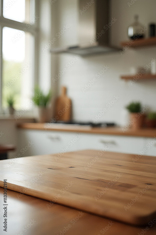 Poster A wooden table sits atop a blurred kitchen countertop with its surrounding room visible in the background._00001_