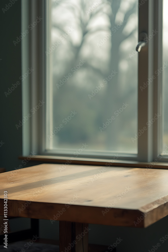 Poster A wooden table sits atop a blurred glass window, creating an interesting contrast of textures and visual styles._00001_