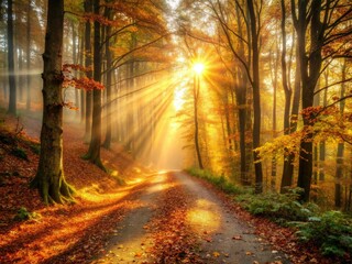 Obraz premium Golden hour sunbeams pierce autumn mist, illuminating a woodland path strewn with fall foliage.