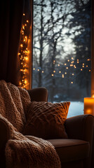 Obraz premium Cozy reading nook with snow falling outside window