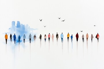 Naklejka premium A soft watercolor painting of human migration across continents, with subtle tones blending the environment and figures