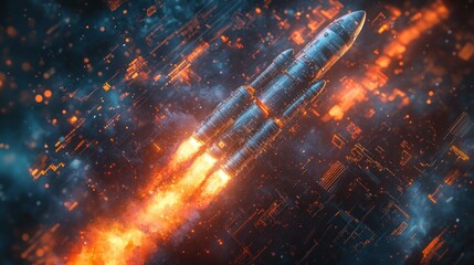 Futuristic rocket launching from digital circuit board, fiery exhaust trails.