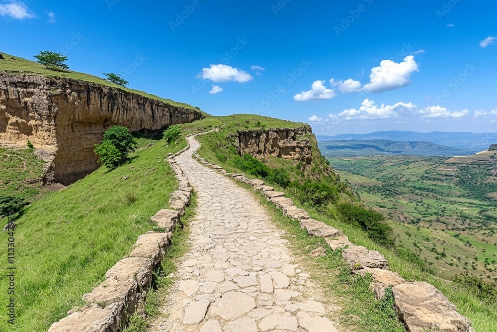 Poster a stylized outline of the simien mountains, with simple curves and muted earthy tones representing e