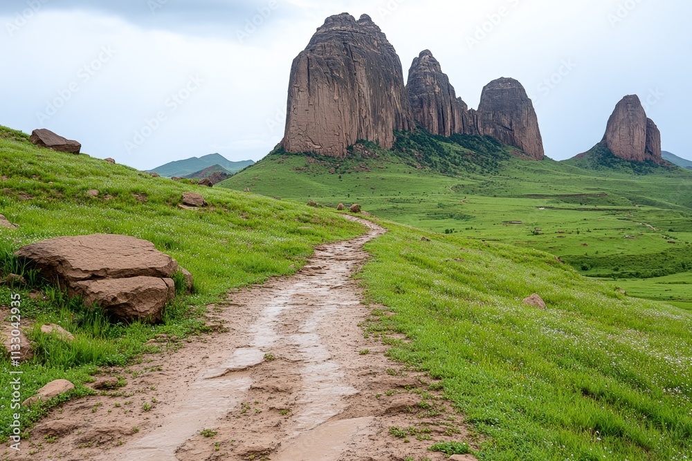 Poster a stylized outline of the simien mountains, with simple curves and muted earthy tones representing e