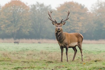 Red deer stag in a field, looking directly at the camera. AI generated illustration.
