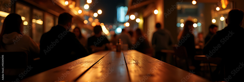 Poster a wooden bar table is set up on a dark night in a crowded cafe with selective light._00002_