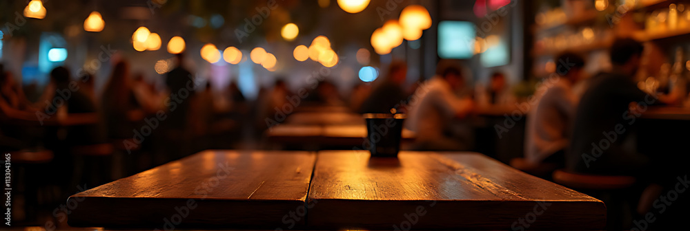 Poster a wooden bar table is set up on a dark night in a crowded cafe with selective light._00001_