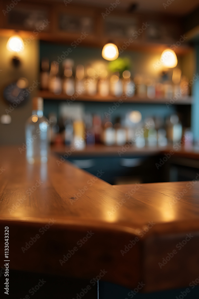Aufkleber a wooden bar table is empty except for a blurred glass bottle placed in the background of the counte