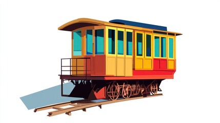 Vintage colorful train car on tracks, isolated on white background.