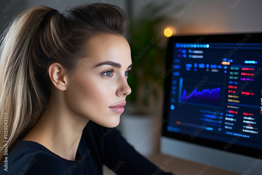 Poster A team evaluating marketing campaign results on a digital dashboard, with colorful graphs and statistics visible on the screen