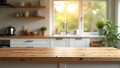 A wood table top serves as a versatile island in an open plan kitchen with blurred interior spaces during morning hours._00002_