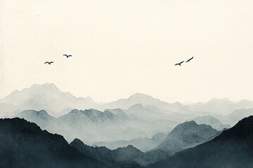   Ink painting, ink flowers, Chinese landscape painting © 月 明