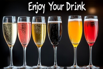 Row of wine glasses with the words "enjoy your drink" written on the side. The glasses are filled with different colored drinks, including pink, yellow, and brown