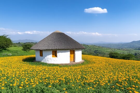 A traditional Ethiopian tukul (circular hut) surrounded by fields of yellow meskel flowers in full bloom