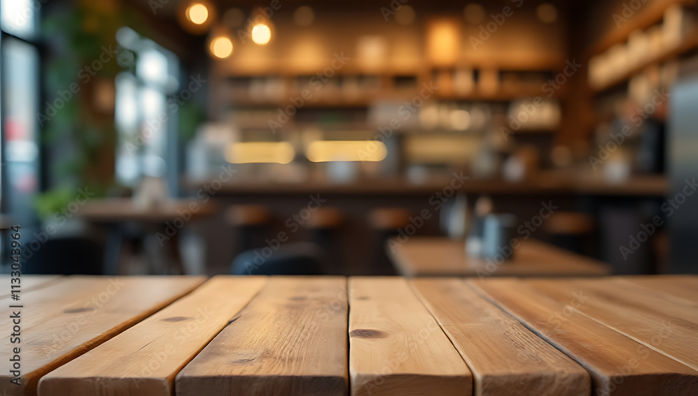 Poster A wood table top is set against a blurred cafe background to create a visually appealing montage product display image._00001_