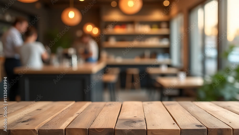 Poster A wood table top is set against a blurred cafe background to create a visually appealing montage product display image._00002_