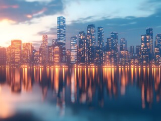 Fototapeta premium Stunning Cityscape at Dusk with Illuminated Buildings and Glimmering Reflection on Water Surface Creating a Serene Urban Atmosphere in Vibrant Colors