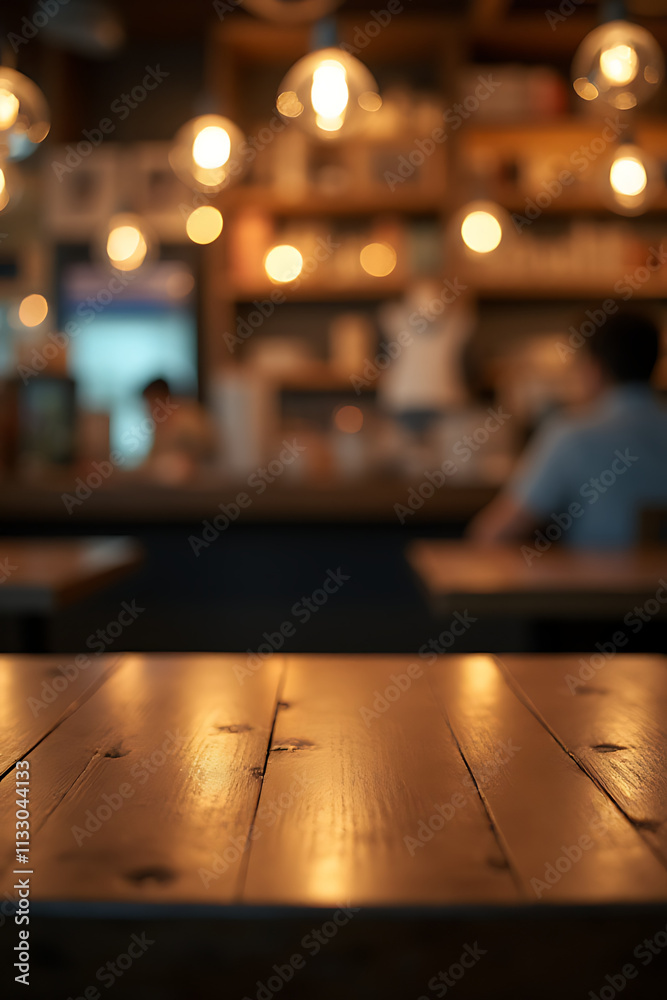 Poster a wood table top is featured in a blur cafe at night with selective focus and a bright light backgro