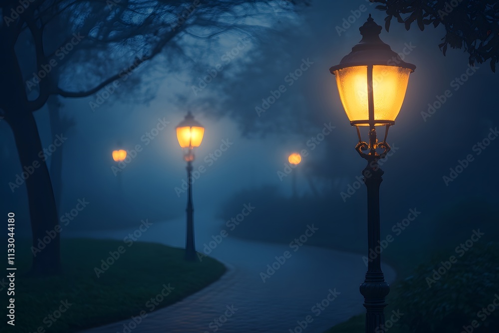 Poster Serene Night Walkway in Fog with Glowing Street Lamps Creating a Mysterious Atmosphere and Soft Light in a Tranquil Park Setting