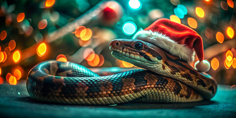 Obraz premium Festive Snake with Santa Hat.