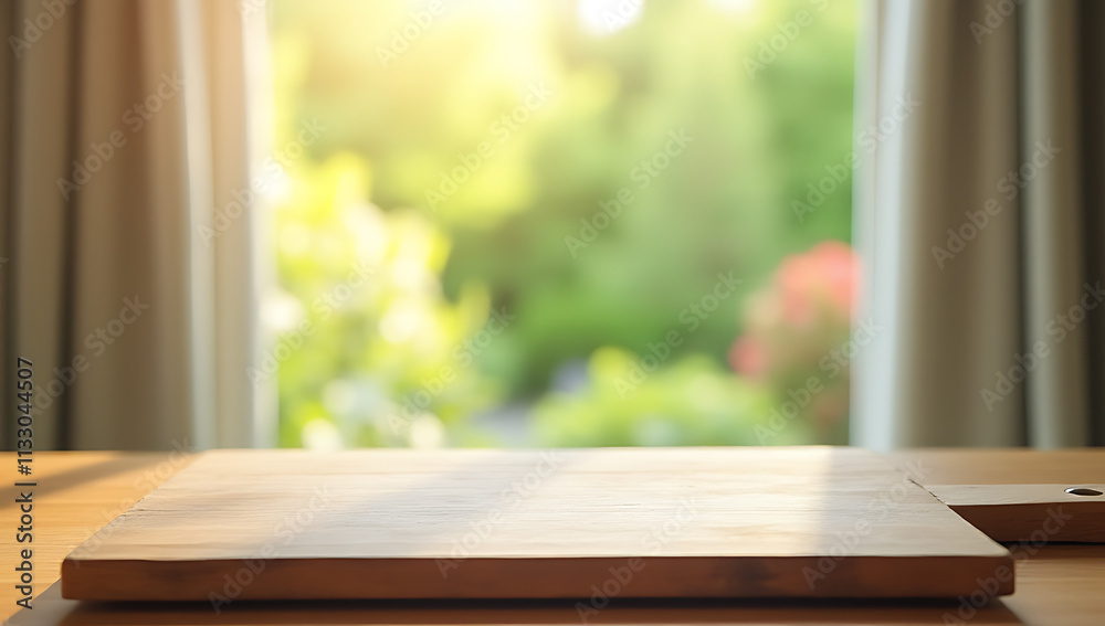 Poster a wood table top and chopping board are blurred behind a curtain with a fresh garden scene in the ba