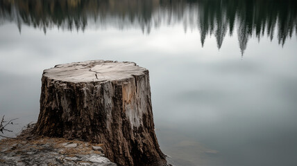 湖畔に佇む切り株と穏やかな水面