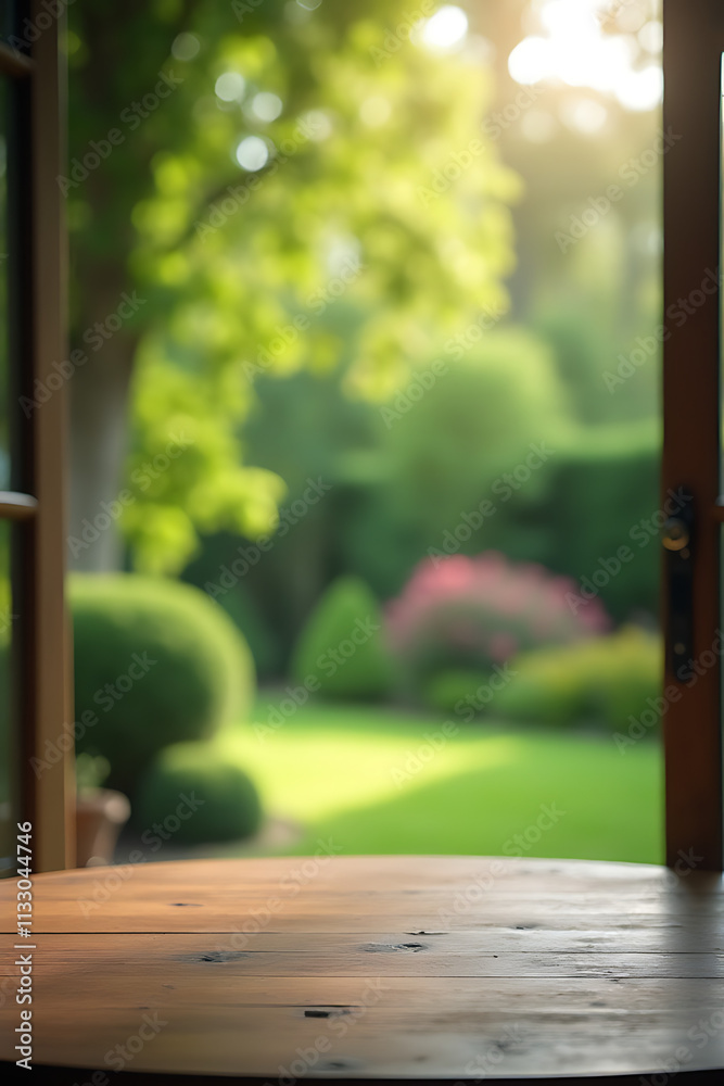 Poster A wood table in a green garden is blurred out of focus while viewed through a window as a distant background._00001_