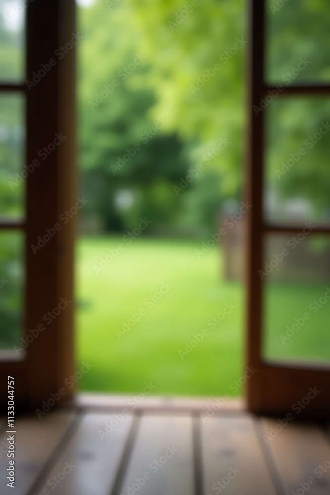 Aufkleber A wood table in a green garden is blurred out of focus while viewed through a window as a distant background._00002_
