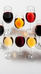 Row of wine glasses with different colored wine in them. The wine glasses are arranged in a row, with the first glass on the left and the last glass on the right