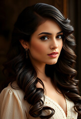 Fototapeta premium Beautiful girl with long wavy hair . Brunette with curly hairstyle . jewelry earrings, detailed, with white tones